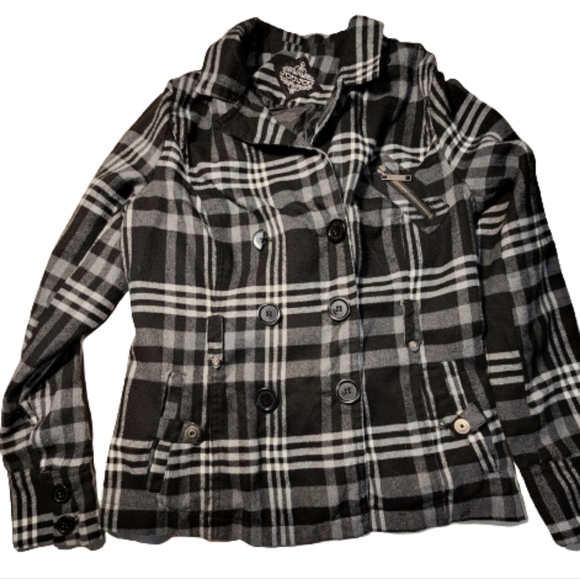 JOU JOU black white plaid 6 button closure pea coat jacket - Picture 2 of 14
